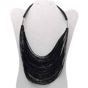 Multi-Strand Black Beaded Necklace With Adjustable Chain & Silver Accents
